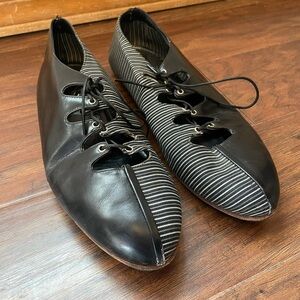 Vintage 90’s Italian Black Leather Striped Fabric Lace-Up Ballet Flats Size 9.5